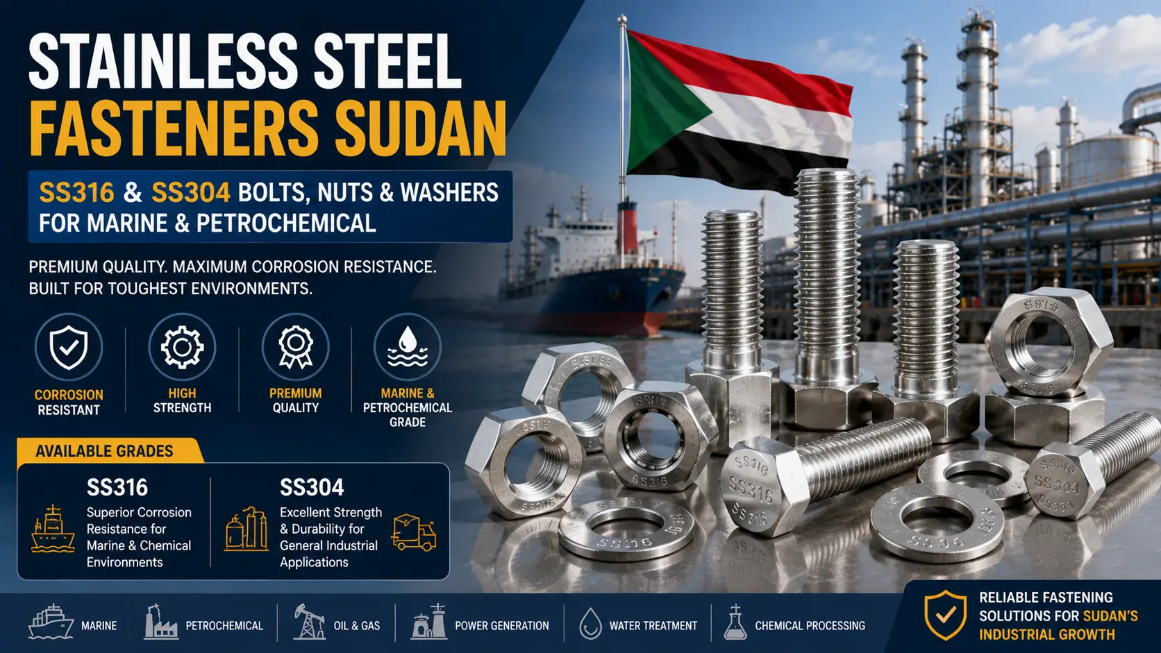 Stainless Steel Fasteners Sudan: SS316 & SS304 Bolts, Nuts & Washers for Marine & Petrochemical