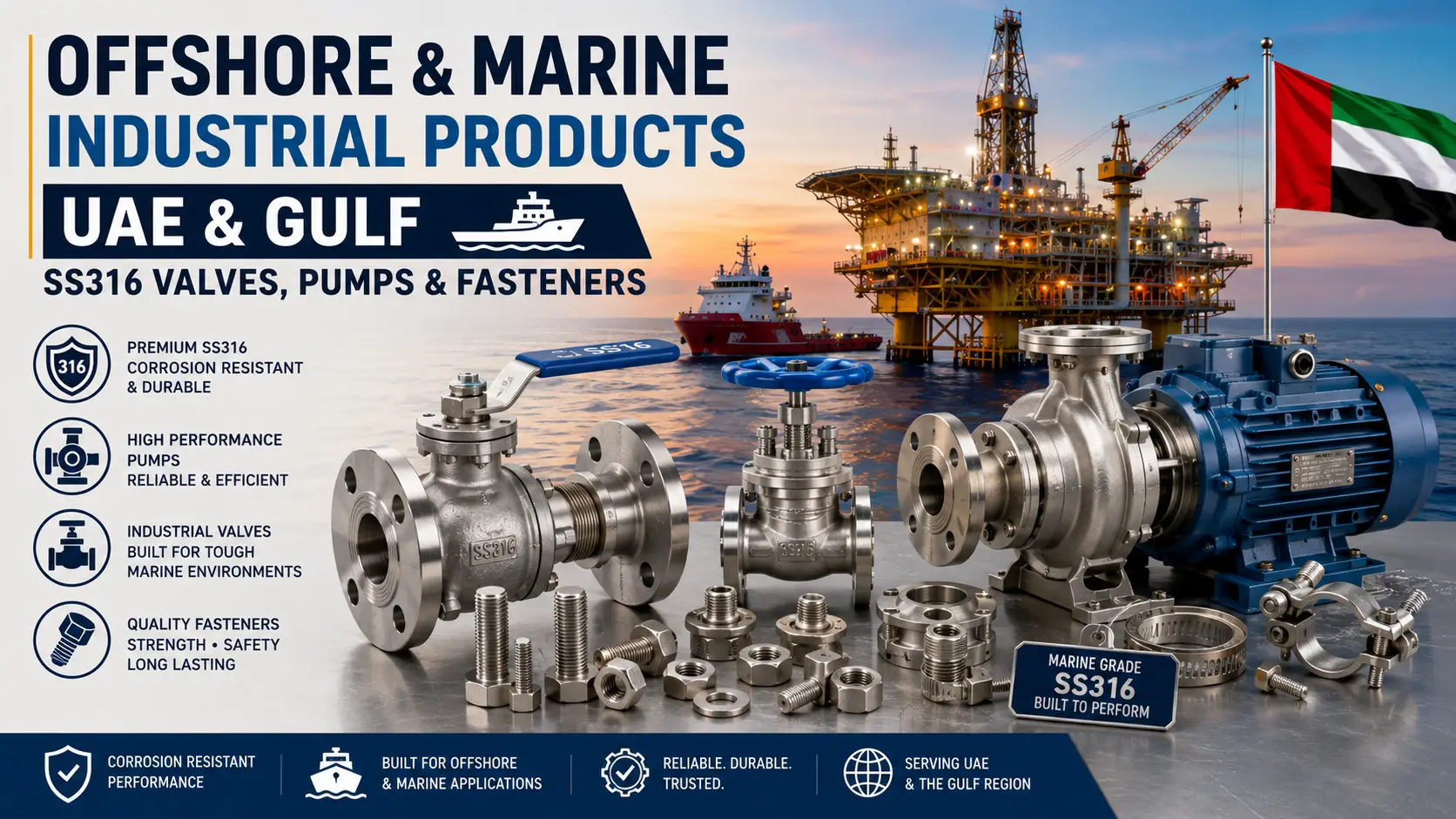 Offshore & Marine Industrial Products UAE & Gulf: SS316 Valves, Pumps & Fasteners