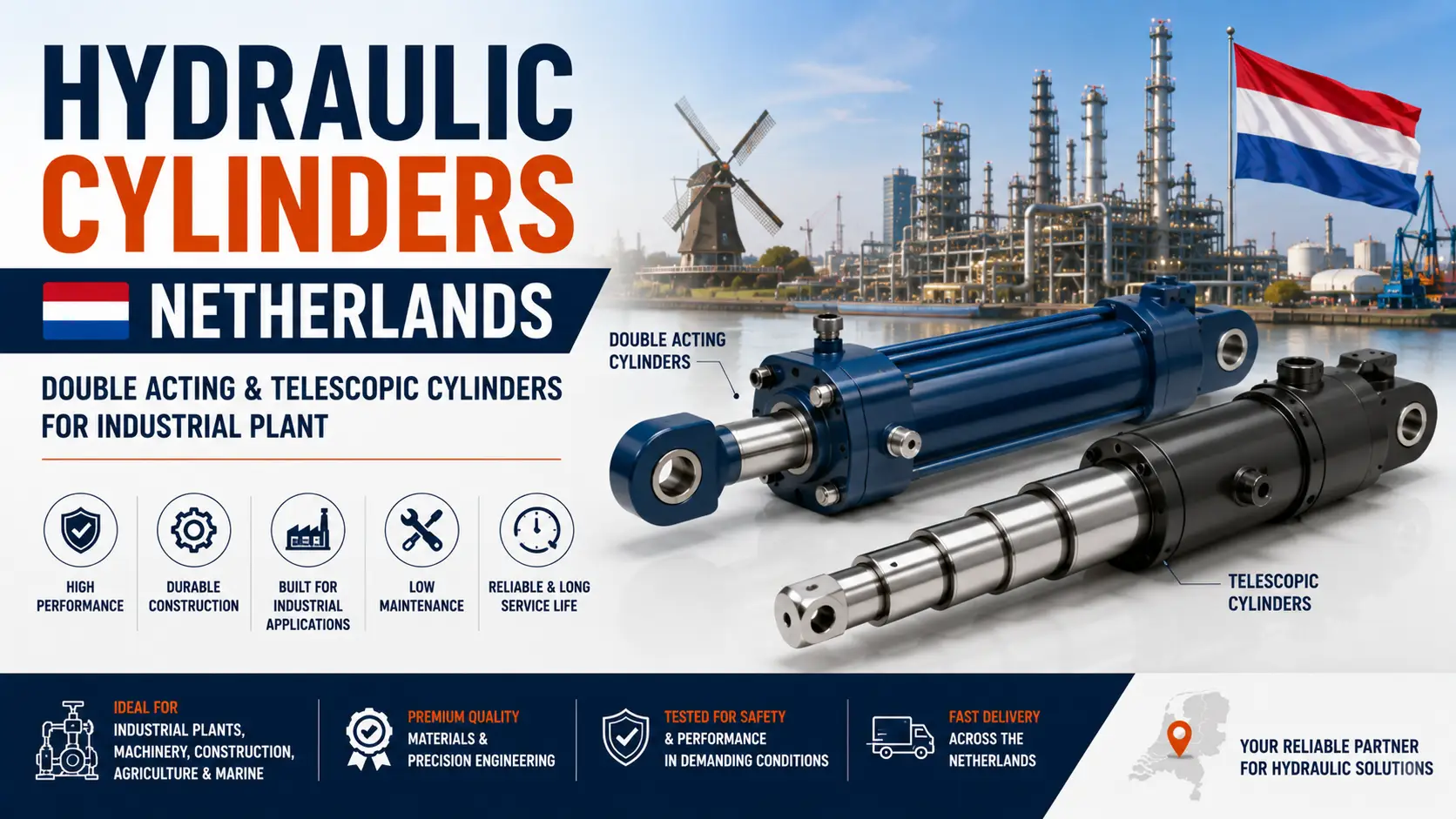 Hydraulic Cylinders Netherlands: Double Acting & Telescopic Cylinders for Industrial Plant