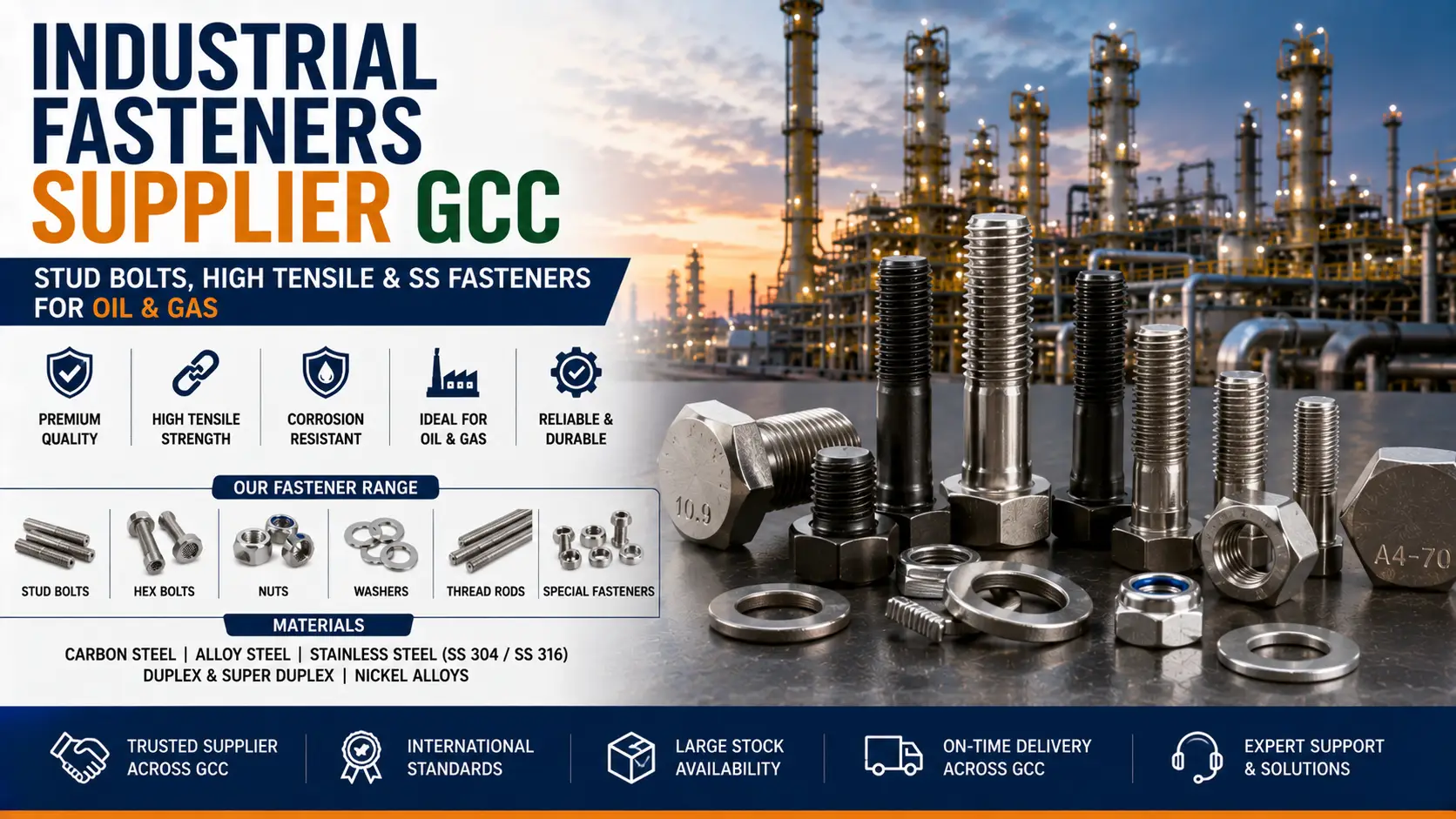 Industrial Fasteners Supplier GCC: Stud Bolts, High Tensile & SS Fasteners for Oil & Gas