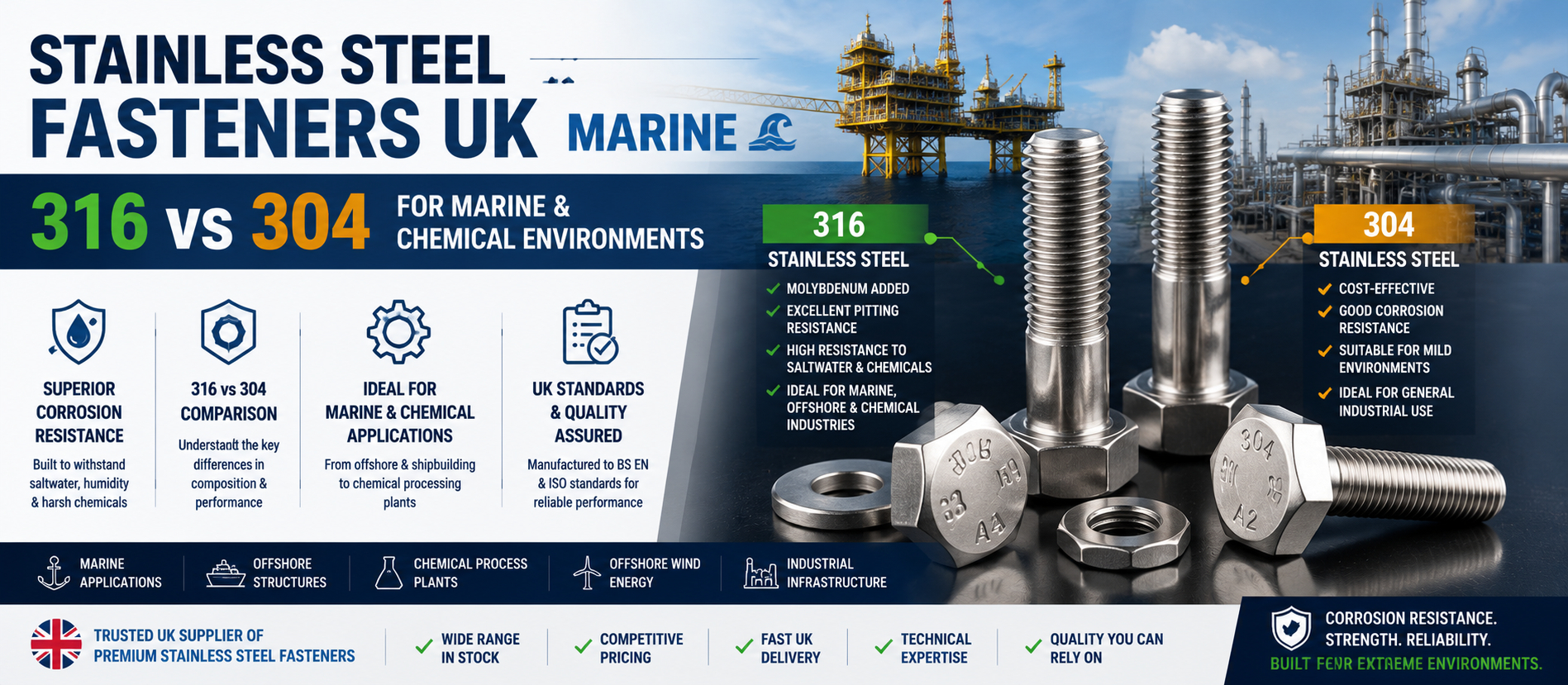 Stainless Steel Fasteners UK: 316 vs 304 for Marine & Chemical Environments