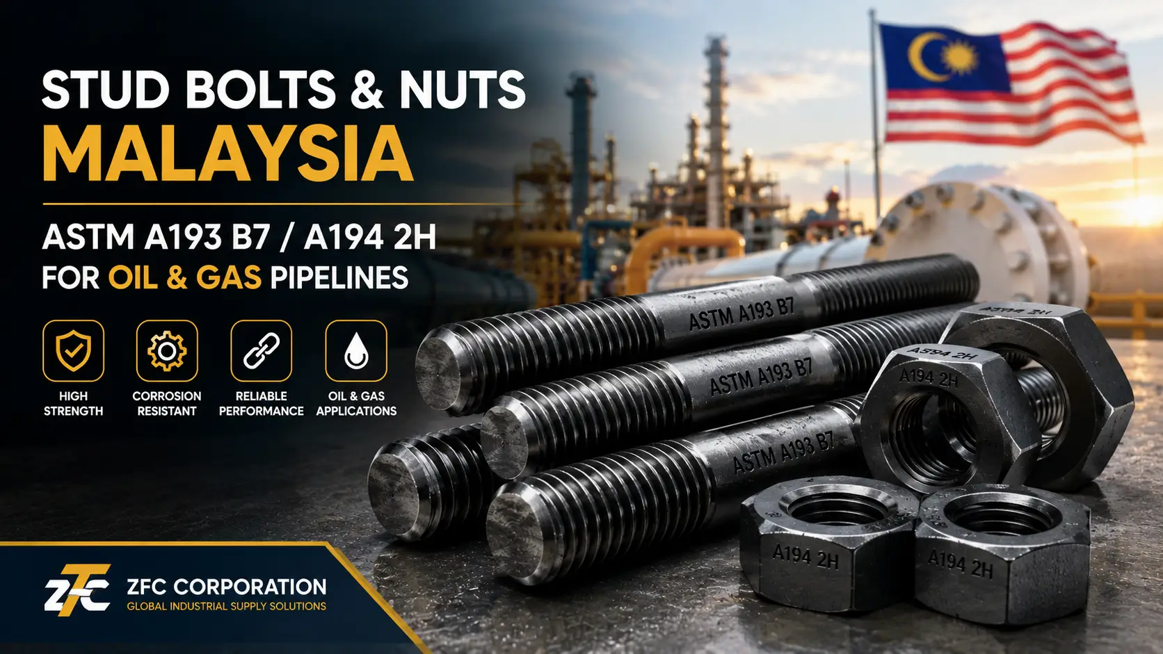 Stud Bolts & Nuts Malaysia: ASTM A193 B7 / A194 2H for Oil & Gas Pipelines