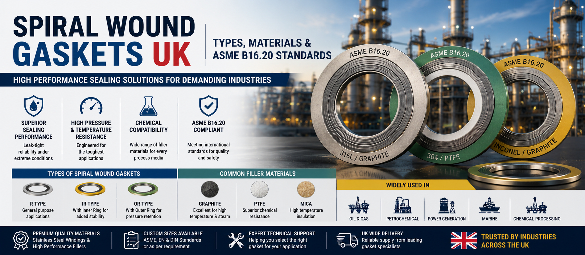 Spiral Wound Gaskets UK: Types, Materials & ASME B16.20 Standards