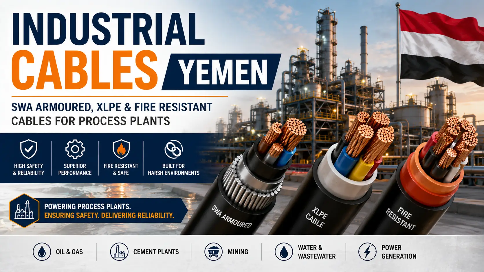 Industrial Cables Yemen: SWA Armoured, XLPE & Fire Resistant Cables for Process Plants
