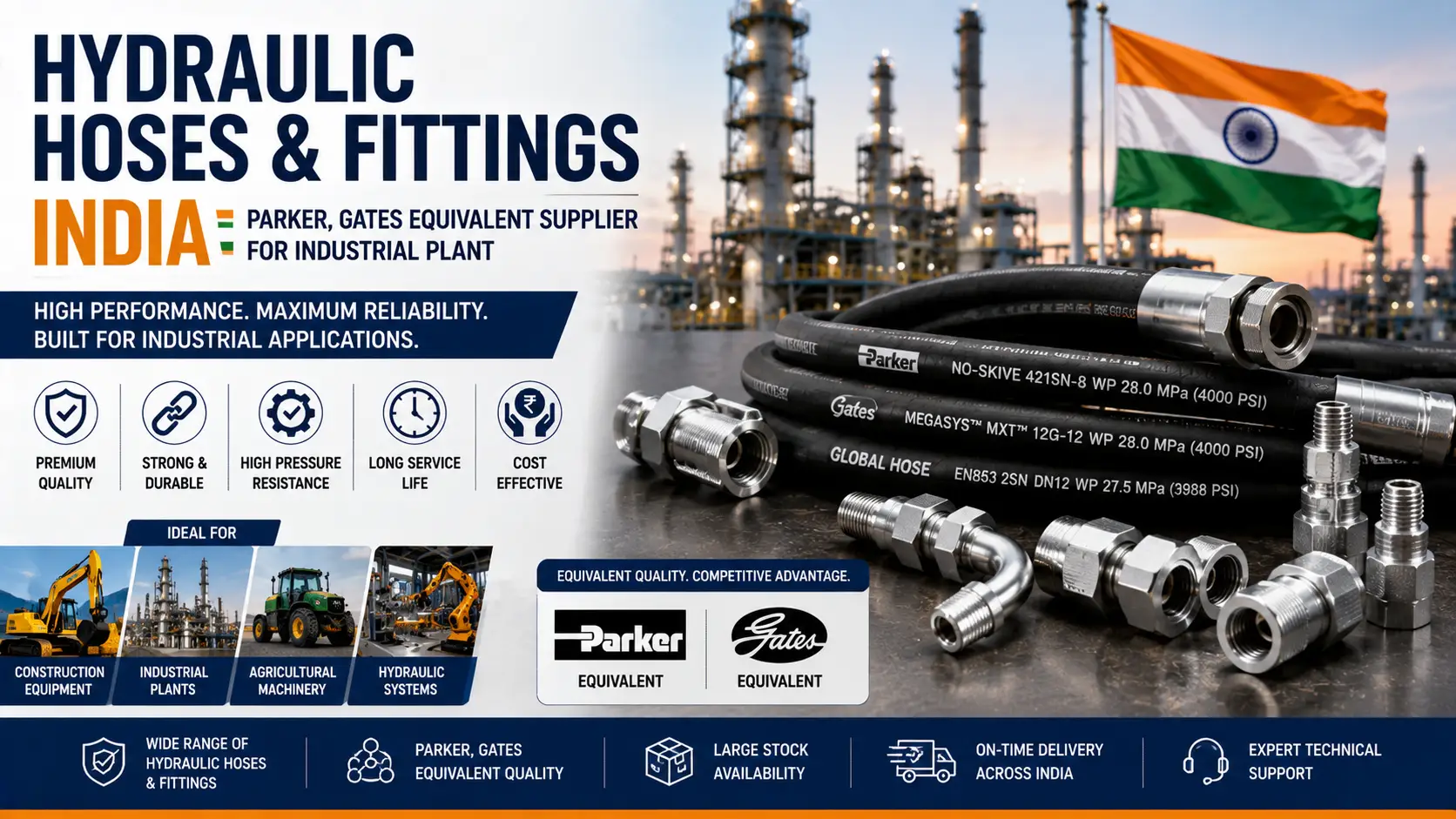 Hydraulic Hoses & Fittings India: Parker, Gates Equivalent Supplier for Industrial Plant