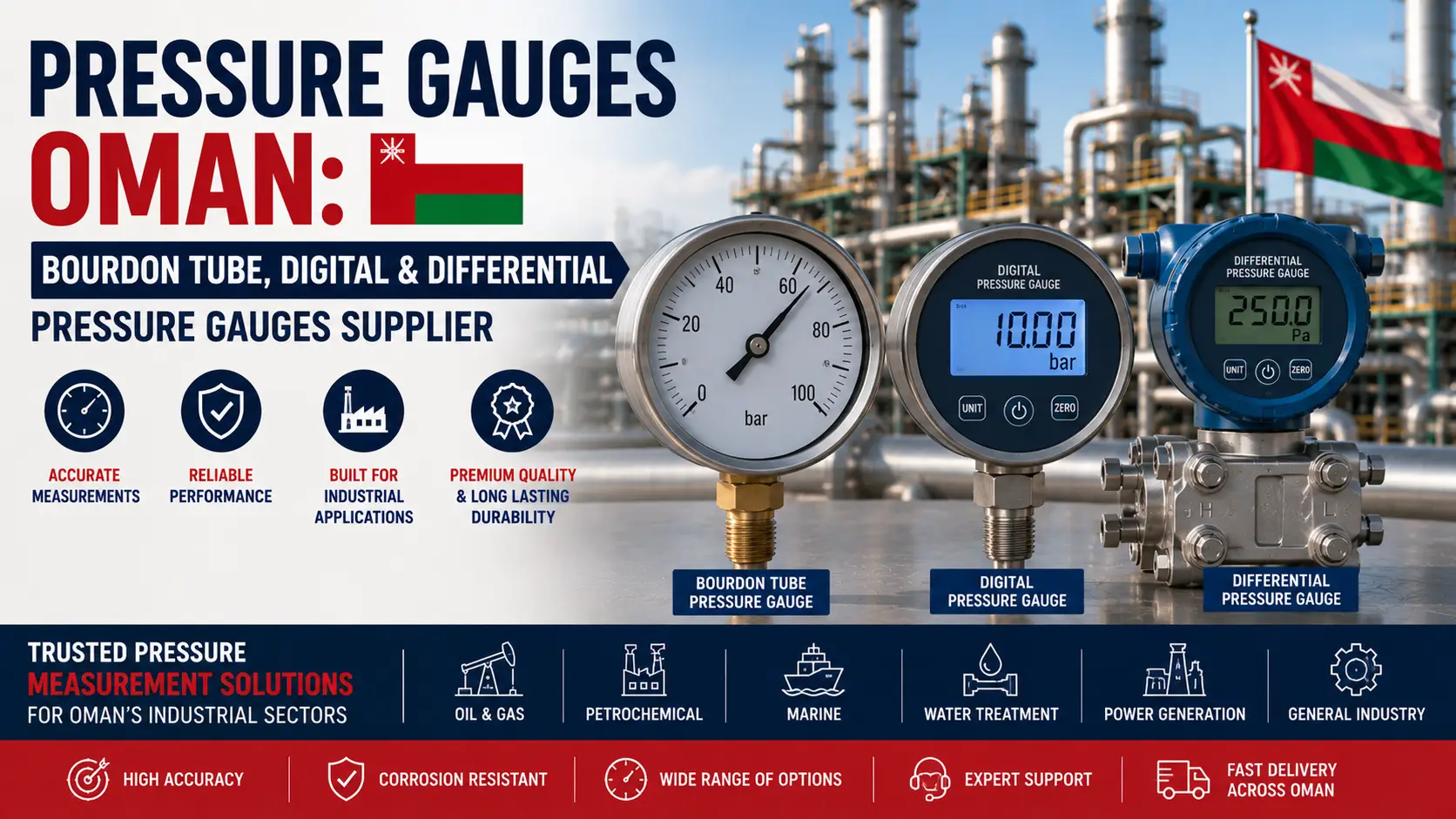 Pressure Gauges Oman: Bourdon Tube, Digital & Differential Pressure Gauges Supplier