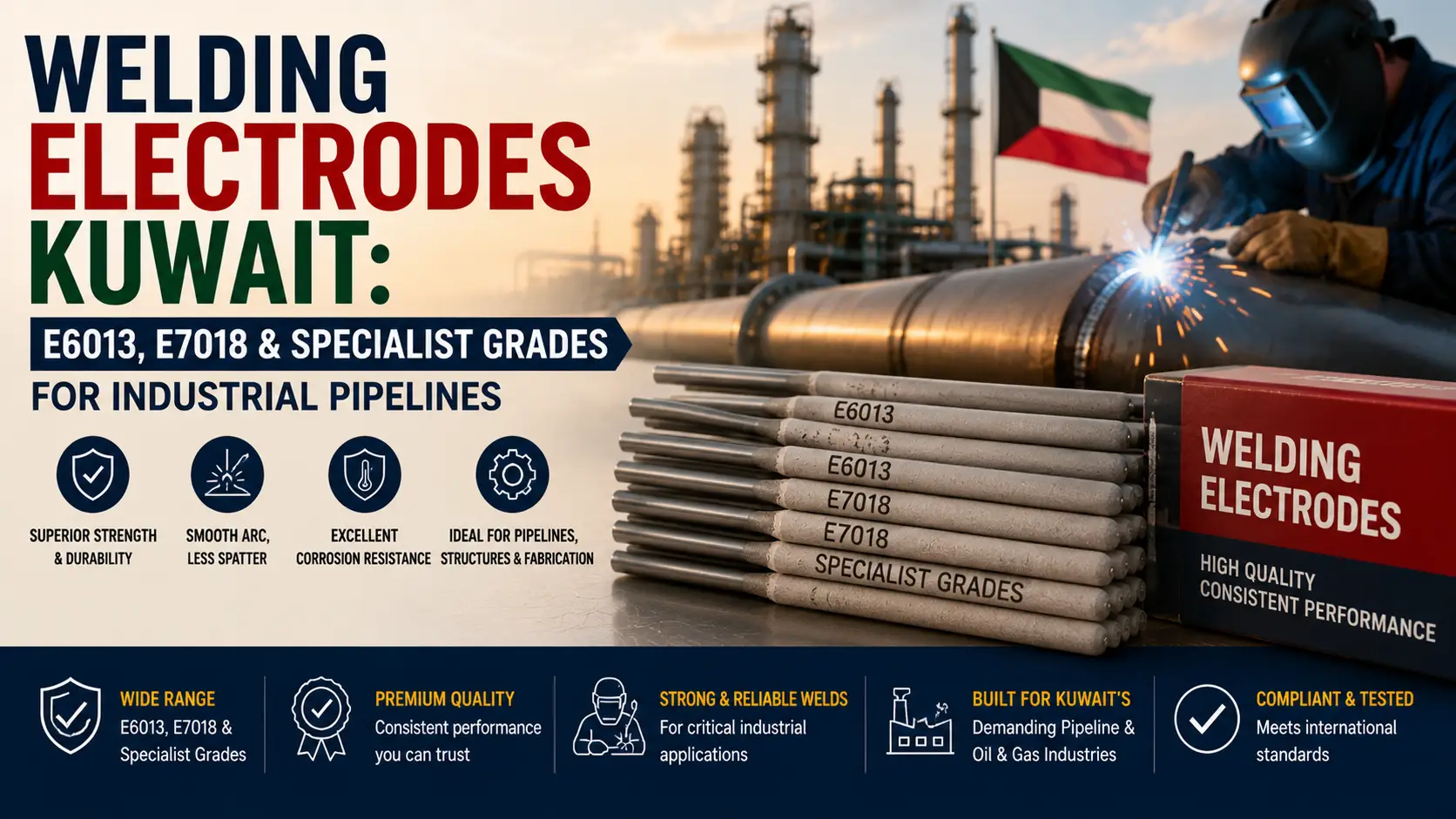 Welding Electrodes Kuwait: E6013, E7018 & Specialist Grades for Industrial Pipelines