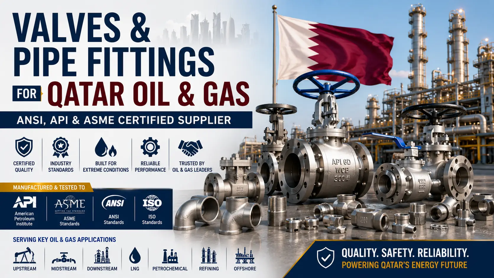 Valves & Pipe Fittings for Qatar Oil & Gas: ANSI, API & ASME Certified Supplier