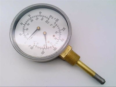 US GAUGE 144434 - BOILER PRESSURE TEMPERATURE GAUGE, DUAL SCALE, 0-50PSI/350KPA 60-260F, 3-1/2IN DIA FACE, 1/2-14 ANPT LM