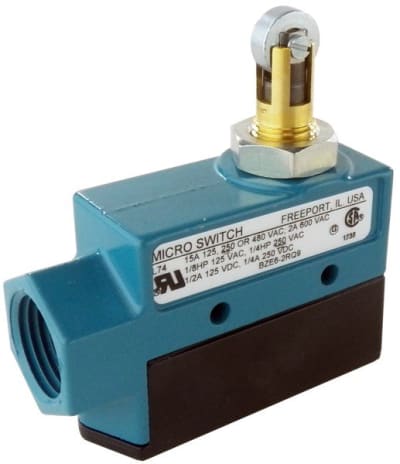 Honeywell BZE6-2RQ9 - MICROSWITCH, LIMIT SWITCH, TOP ROLLER PLUNGER ACTUATOR, SPDT CONTACT CONFIGURATION, 15 A AC MAX, 600 VAC MAX, 3.7 N MAX