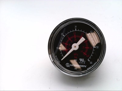 Norgren 18-013-202 - DISCONTINUED BY MANUFACTURER, PRESSURE GAUGE,1/8NPT, 0-4 BAR, 0-60PSI,BACK MOUNT,1.5IN DIAL FACE