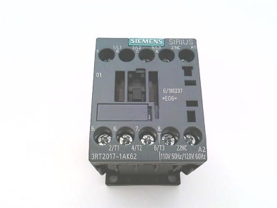 Siemens 3RT20171AK62 - CONTACTOR, S00, 12A, 1NC AUX, 120 VAC COIL, CONTROLS - SIRIUS 2 S00 CONTACTORS , 3RT20171AK62 , 3RT20171AK62