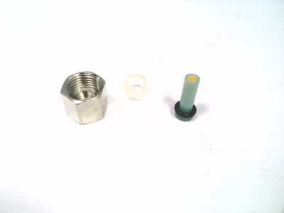 COMPRESSION FITTING RESTRICTOR, FOR COPPER OR PLASTIC TUBING, ZINC PLATED COMPRESSION NUT, ELASTOMERIC O-RING, THERMOPLASTIC FERRULE